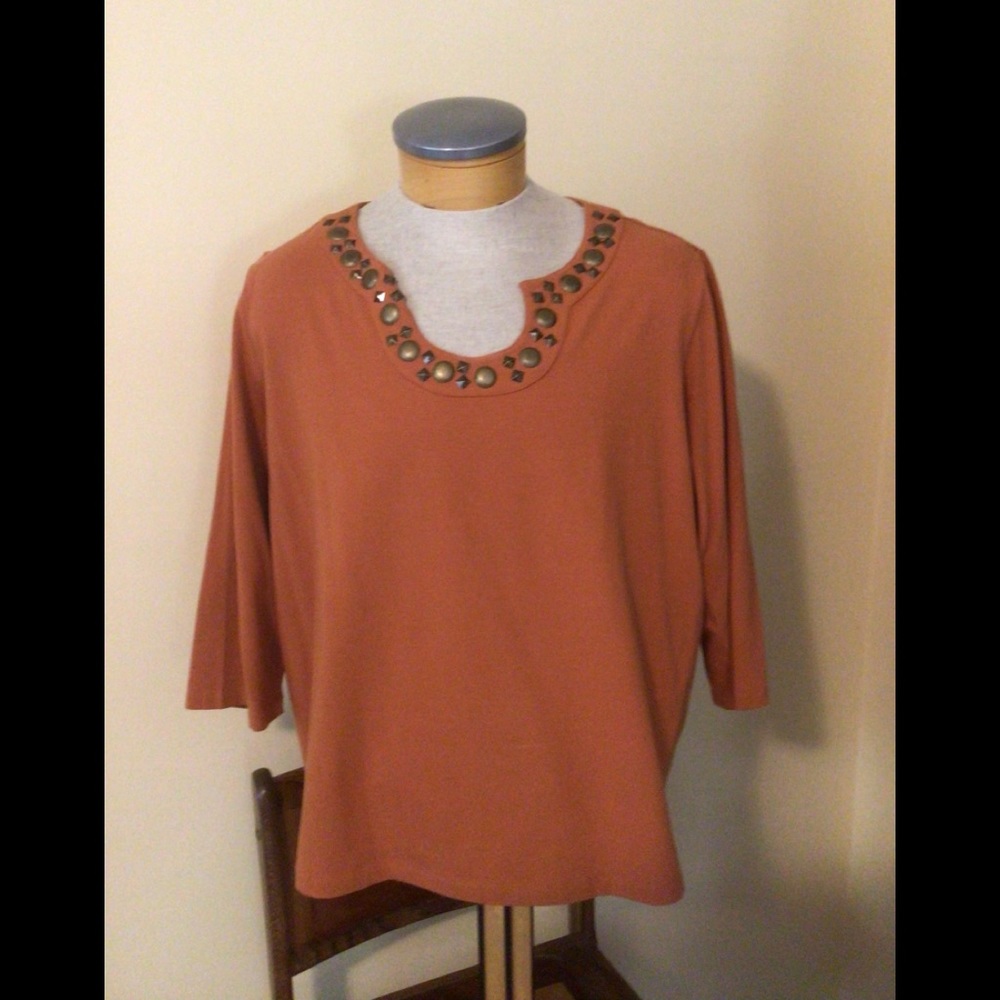 Burnt Orange U-Neck Top w Metal Accents